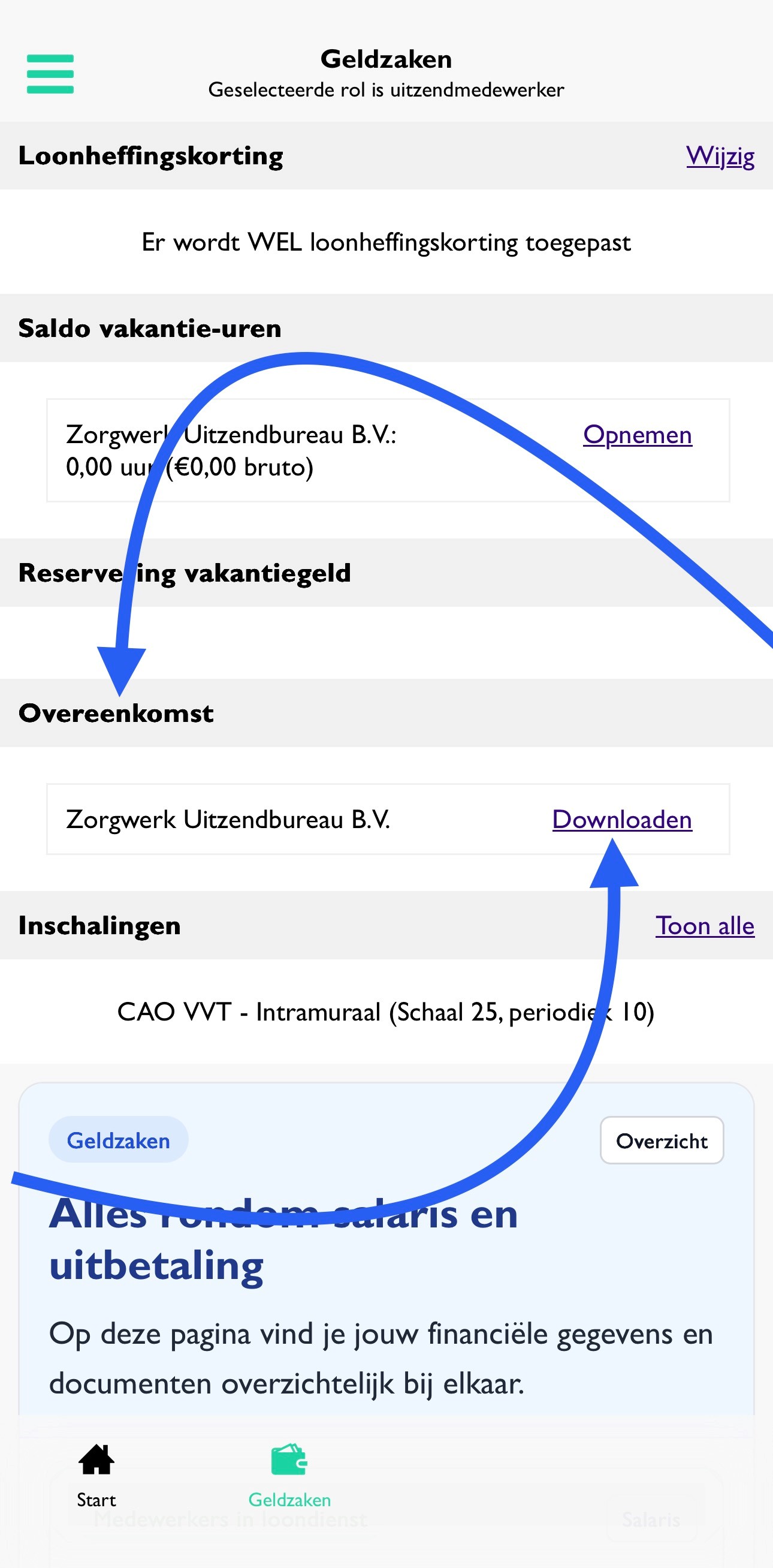 Arbeidsovereenkomst downloaden in de Zorgwerk app