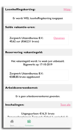 Overzicht van de Zorgwerk app voor medewerkers met uitleg over vakantiegeld